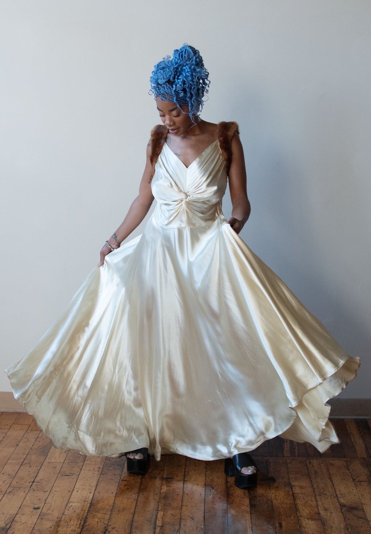 1940s Fur Trim Satin Gown