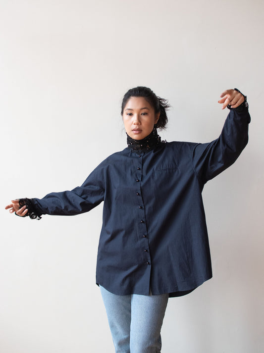 Navy Blue Lace Collar Blouse | Romeo Gigli