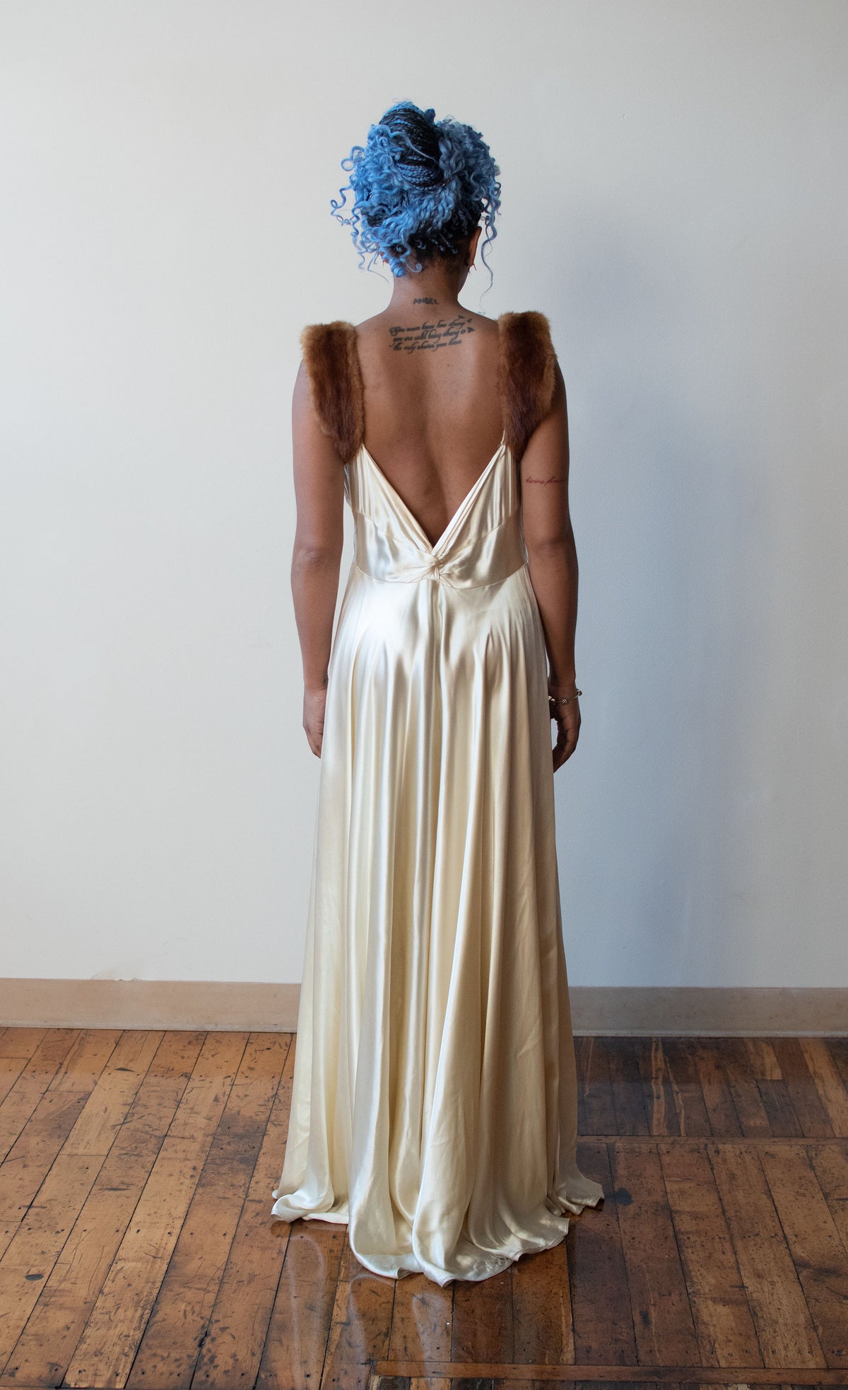 1940s Fur Trim Satin Gown