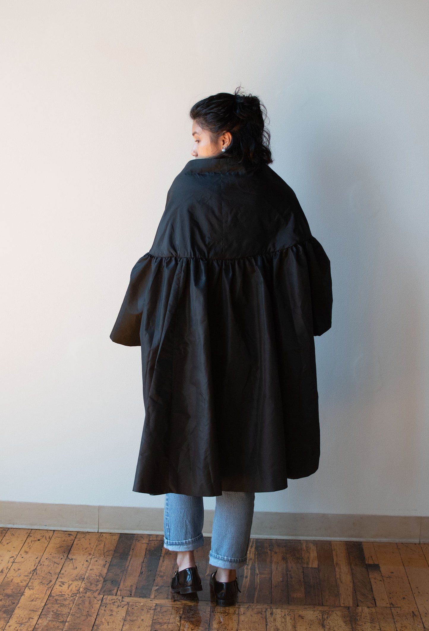 Voluminous Black Taffeta Coat | Victor Costa