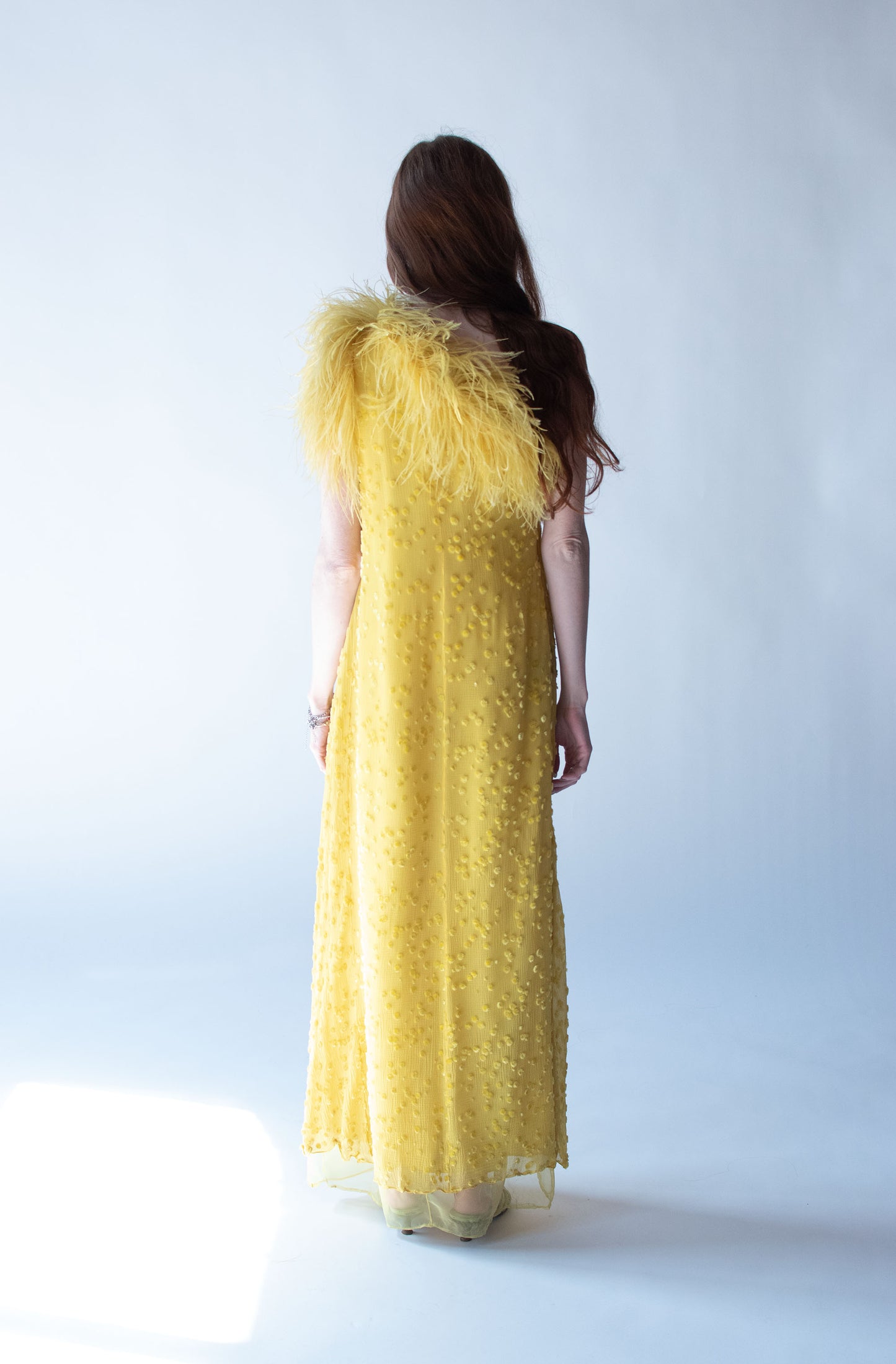 1970s Feather Trim Chiffon Dress