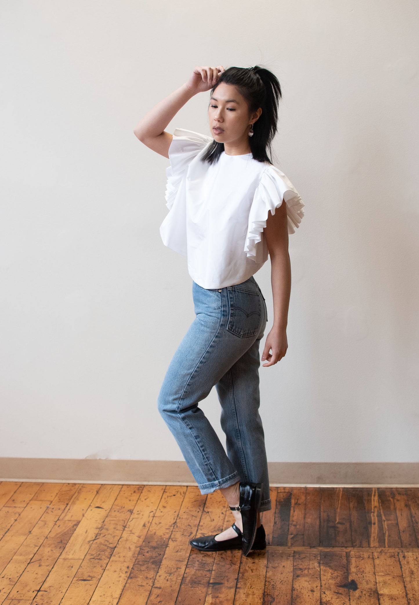 1980s Ruffled White Taffeta Top