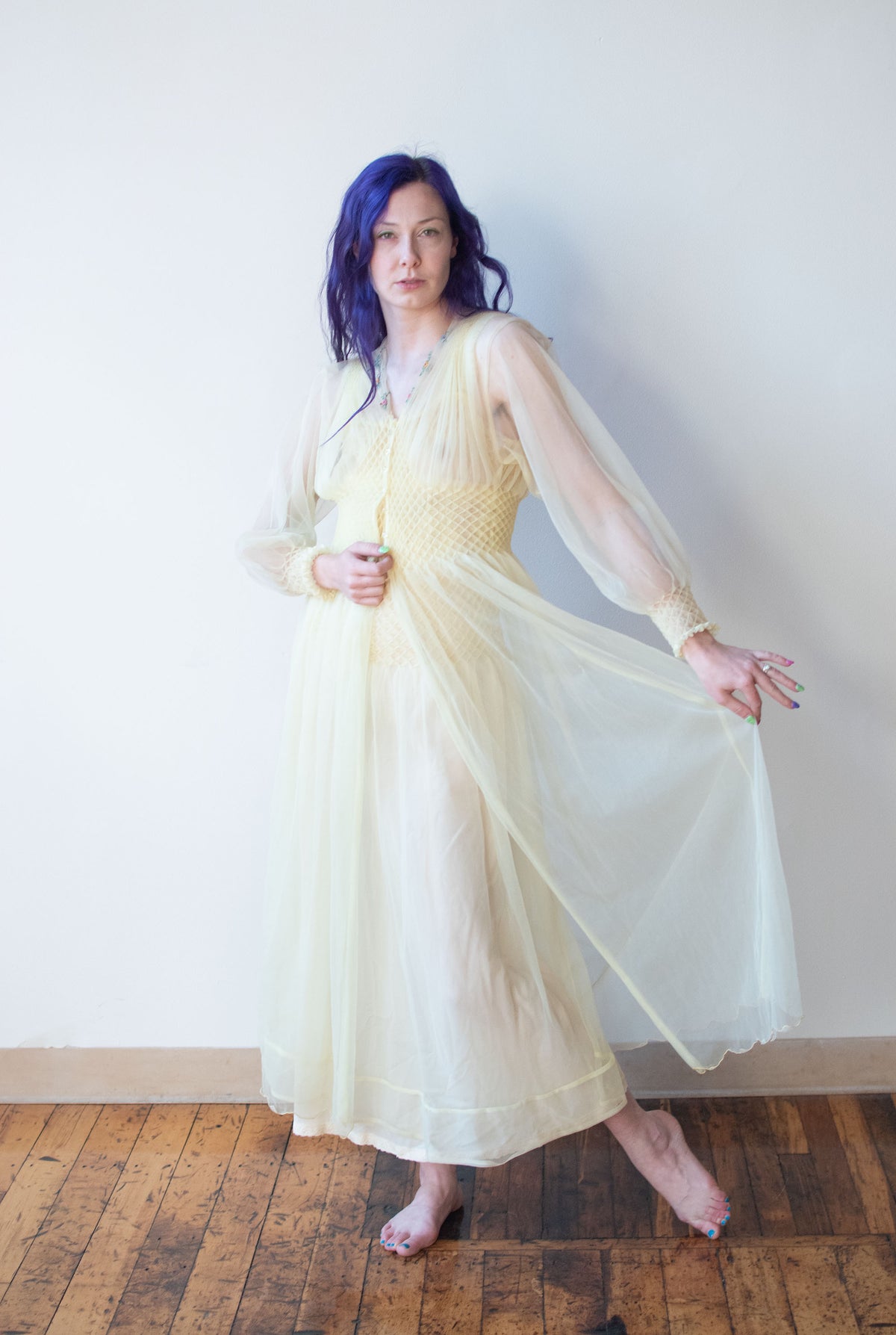 1940s Smocked Nylon Peignoir