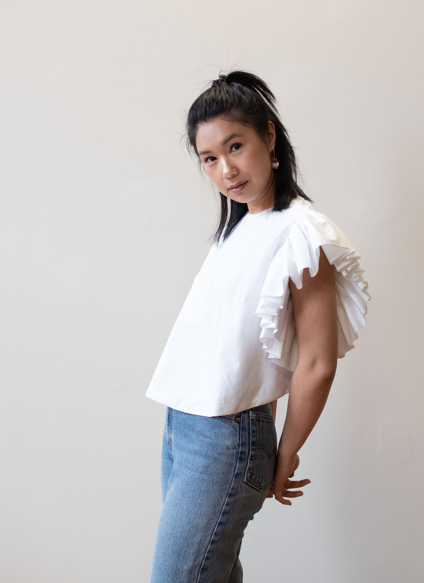 1980s Ruffled White Taffeta Top