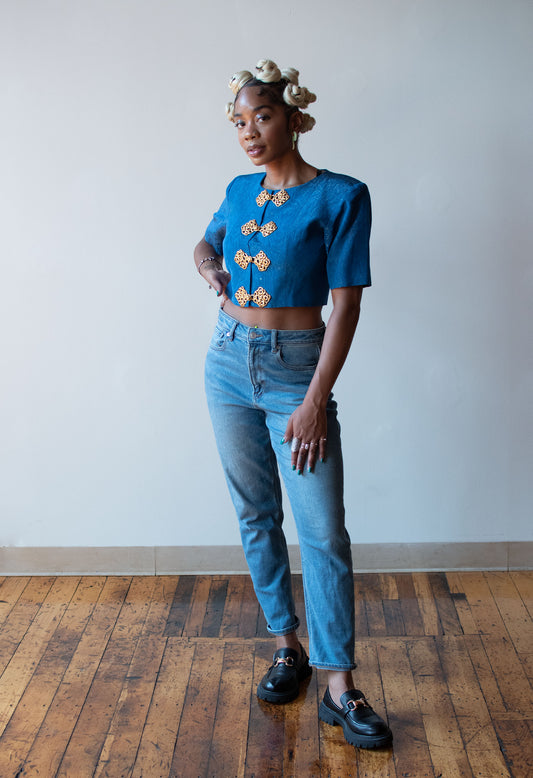 Blue Cropped Moiré Jacket | Yves Saint Laurent Rive Gauche S/S 1993