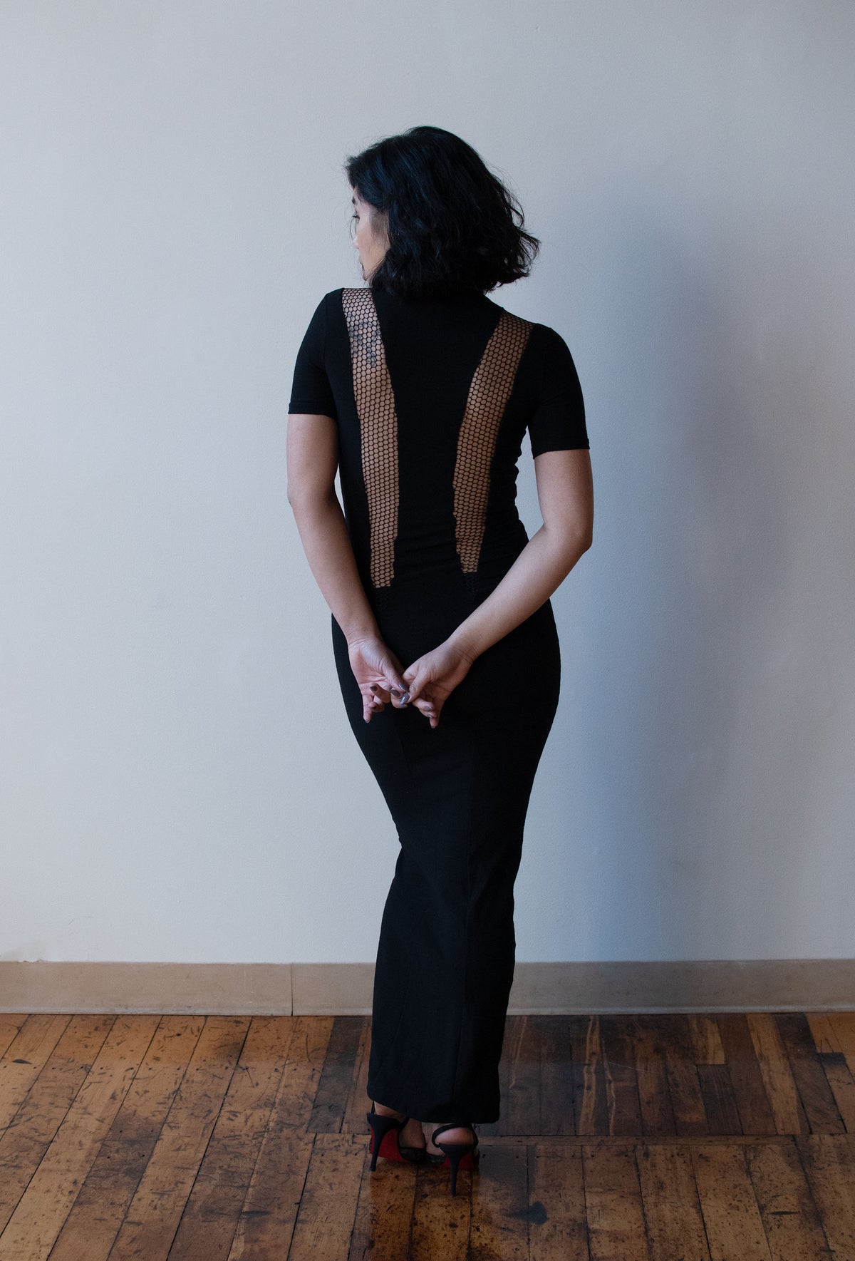 1990s Black Wool Fishnet Dress