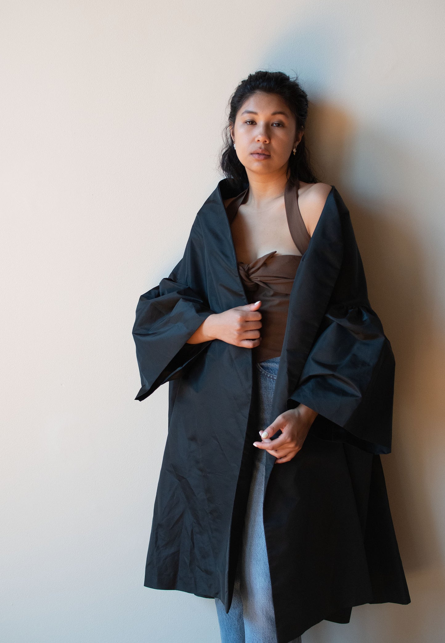 Voluminous Black Taffeta Coat | Victor Costa