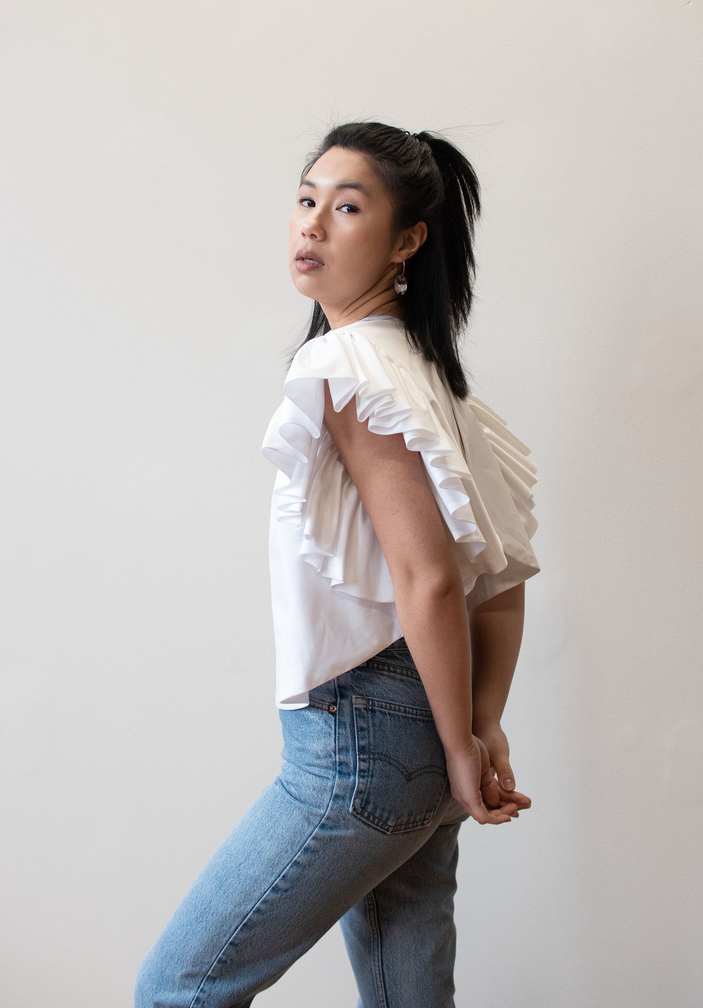 1980s Ruffled White Taffeta Top