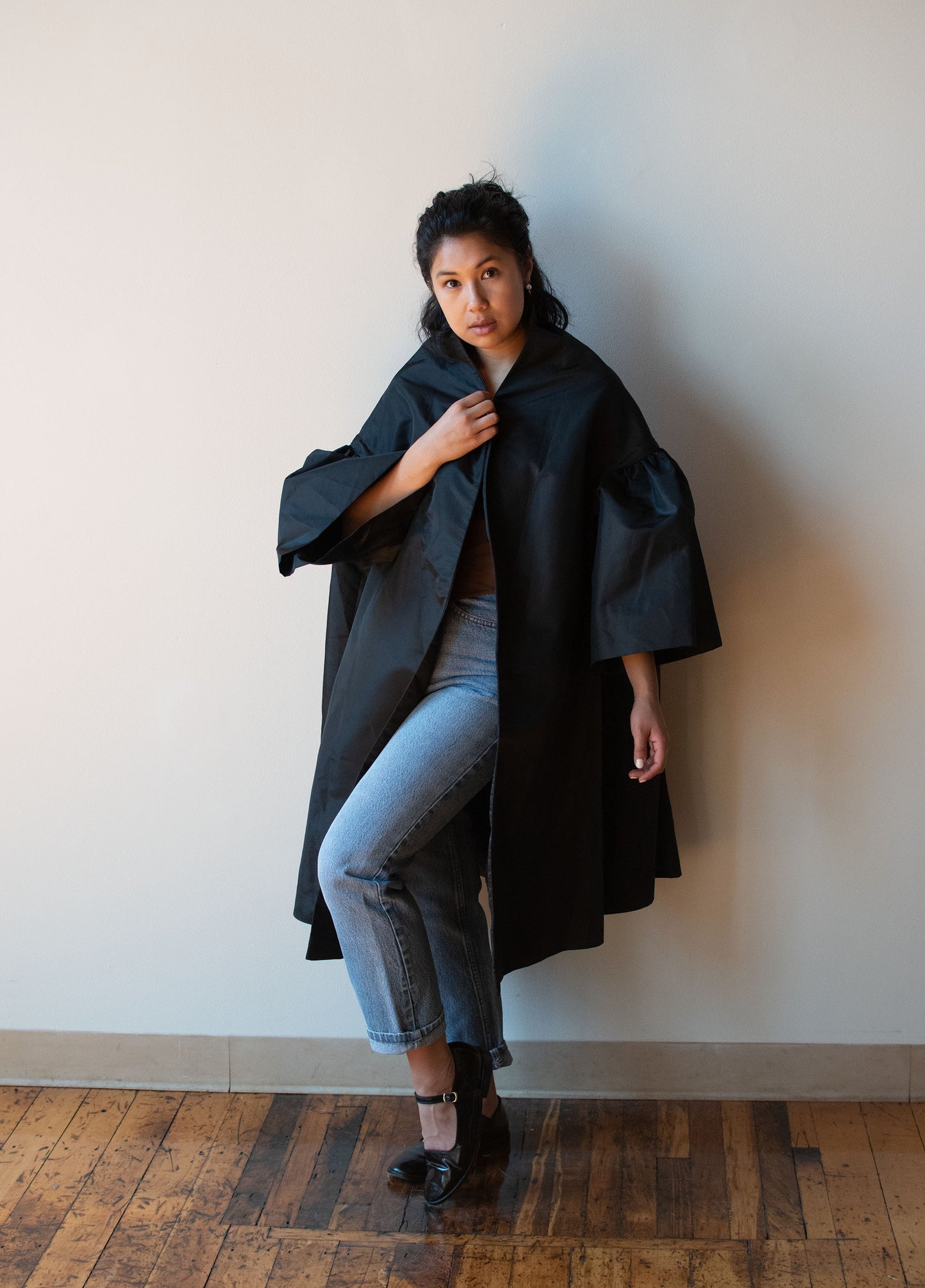 Voluminous Black Taffeta Coat | Victor Costa