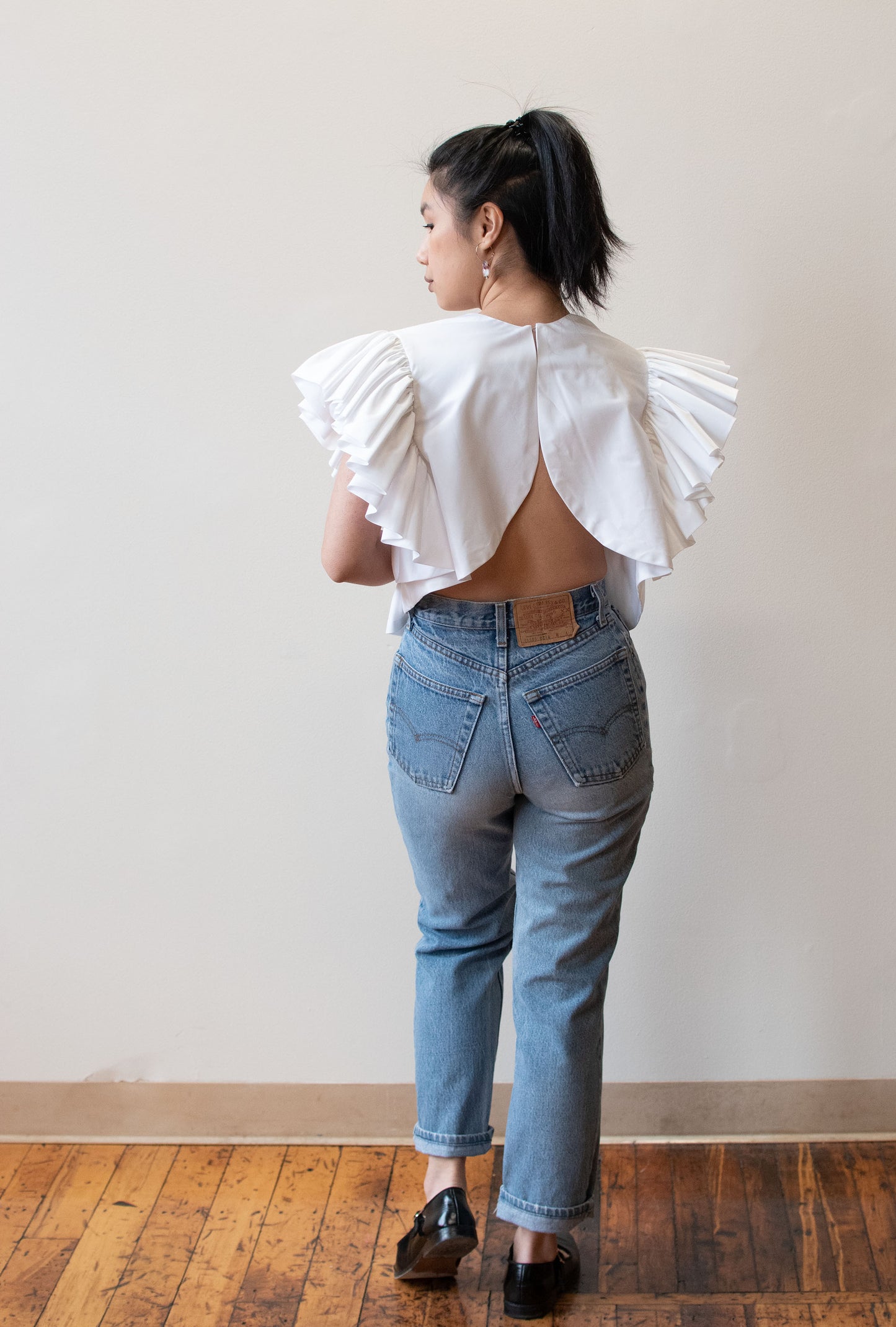 1980s Ruffled White Taffeta Top
