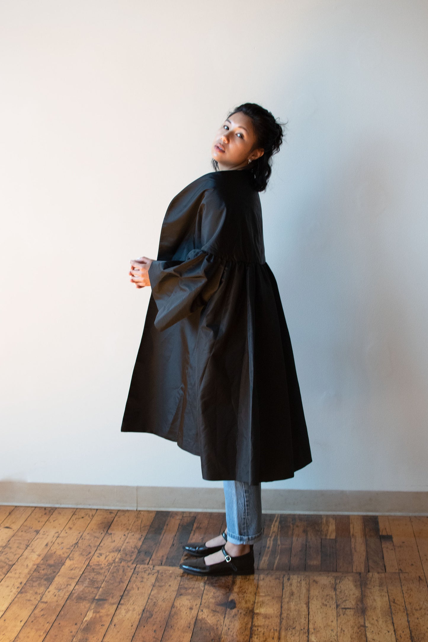 Voluminous Black Taffeta Coat | Victor Costa