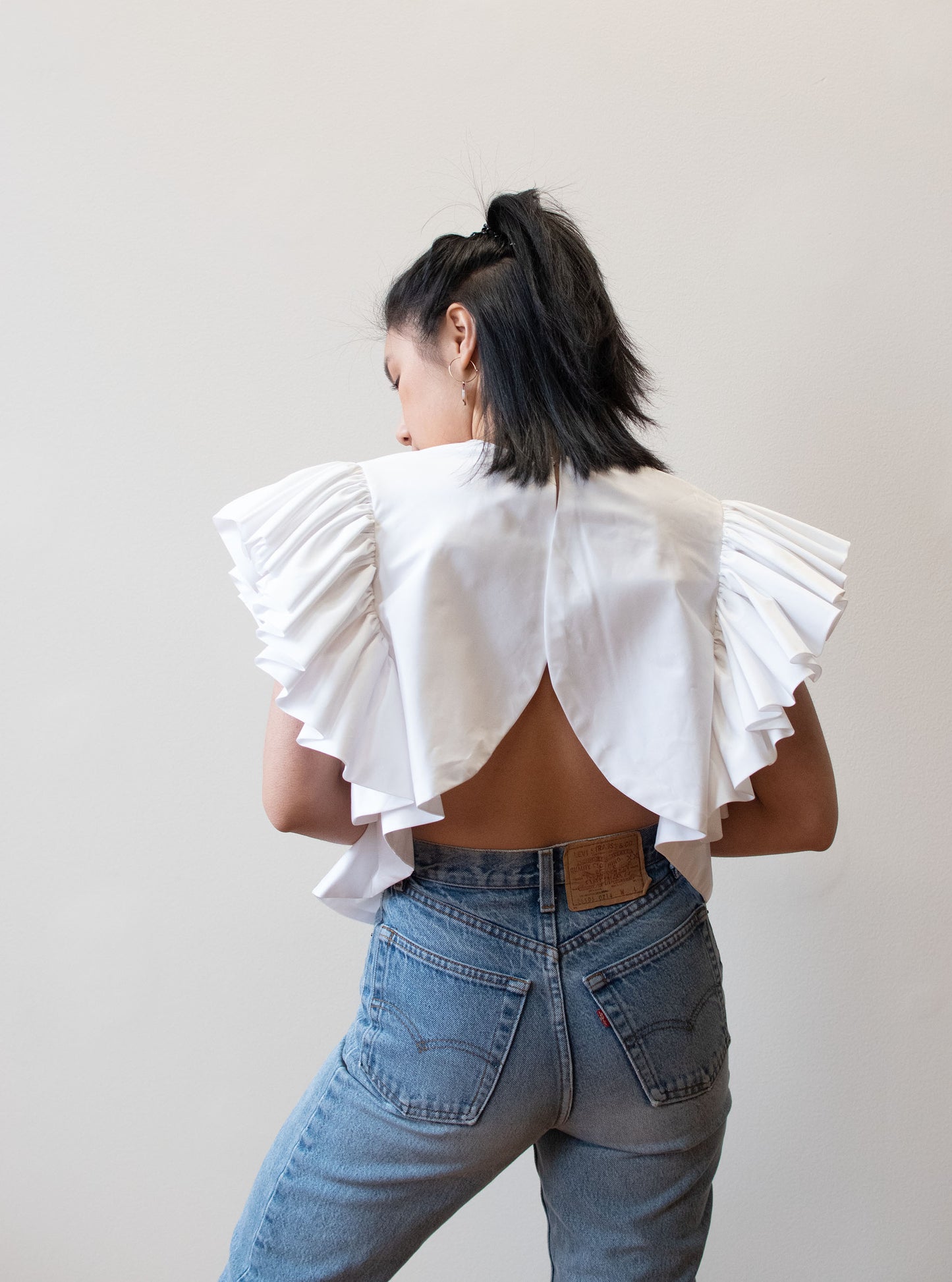 1980s Ruffled White Taffeta Top