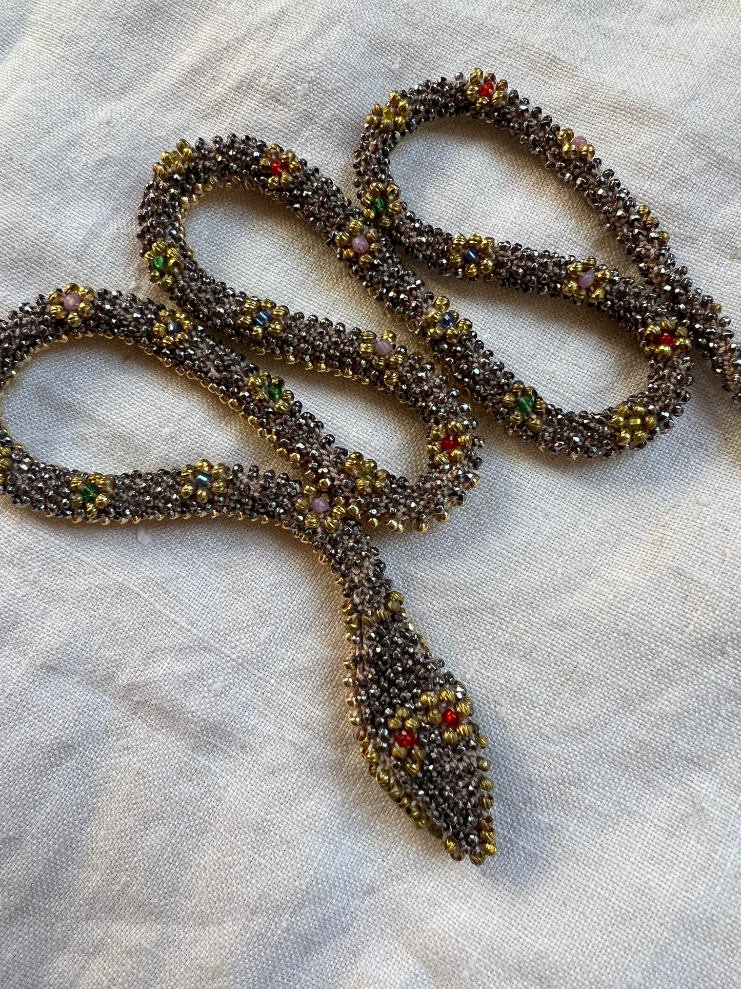 Bead Crochet Snake Necklace | Antique Steel Cut, Torse and Glass Beads