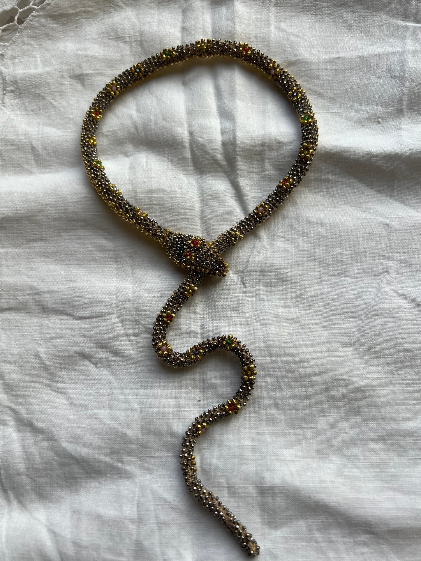Bead Crochet Snake Necklace | Antique Steel Cut, Torse and Glass Beads