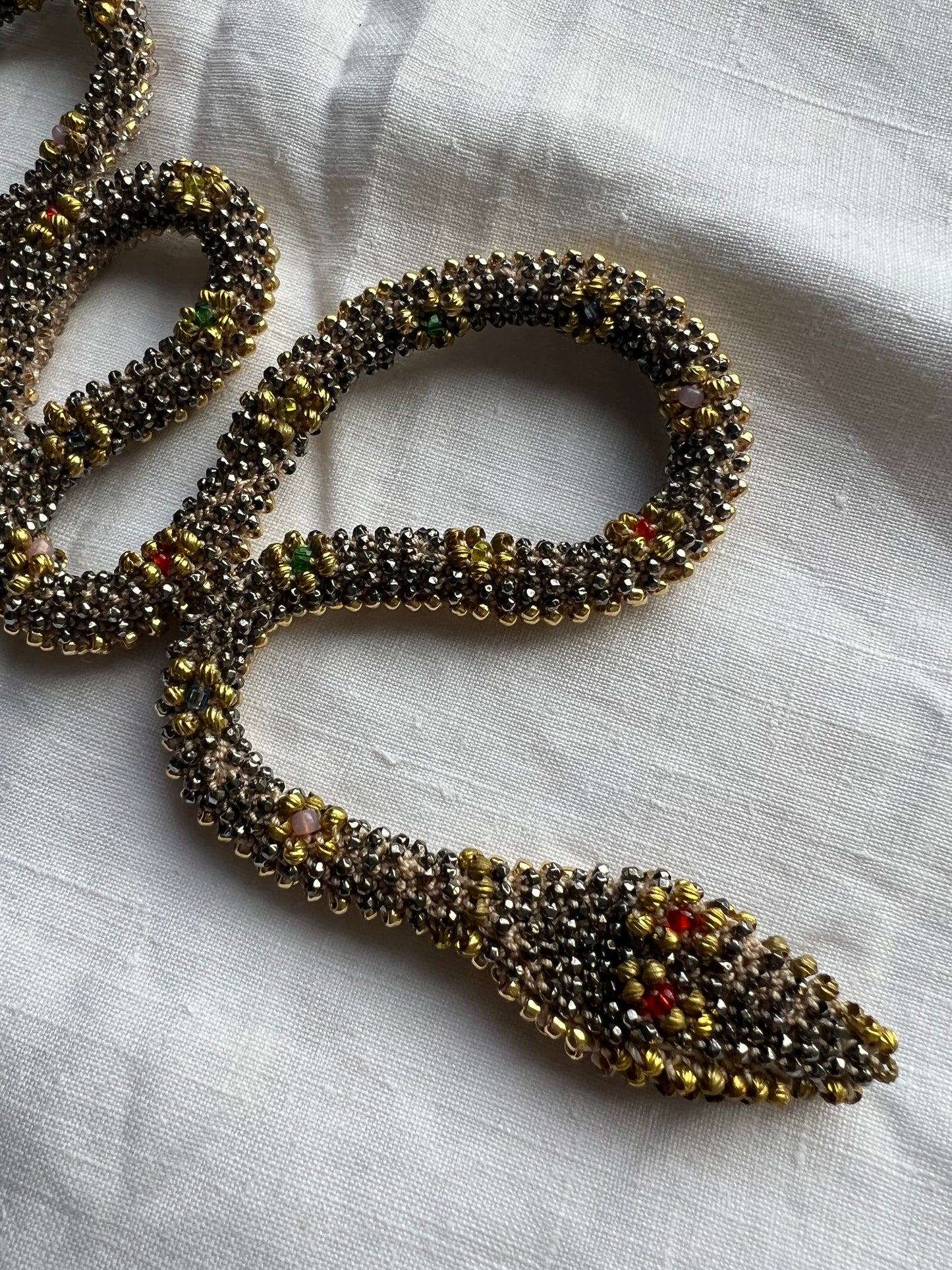 Bead Crochet Snake Necklace | Antique Steel Cut, Torse and Glass Beads