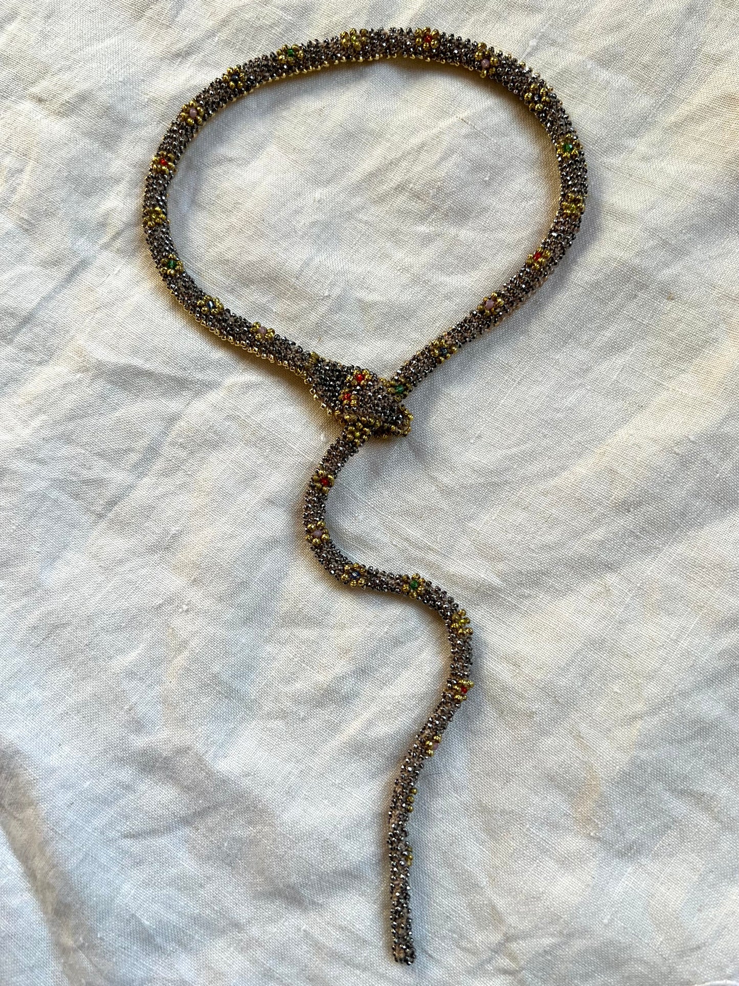 Bead Crochet Snake Necklace | Antique Steel Cut, Torse and Glass Beads