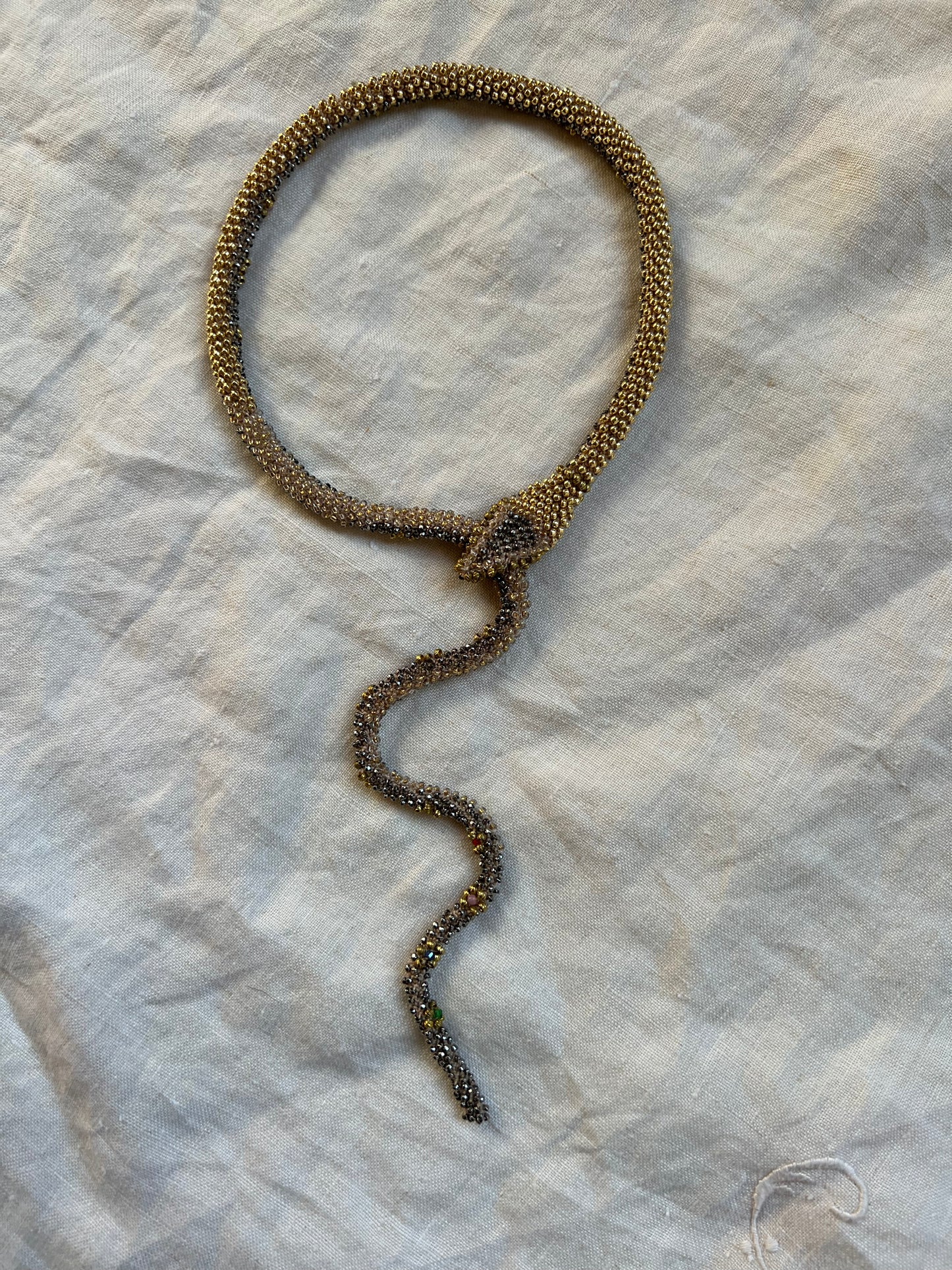 Bead Crochet Snake Necklace | Antique Steel Cut, Torse and Glass Beads