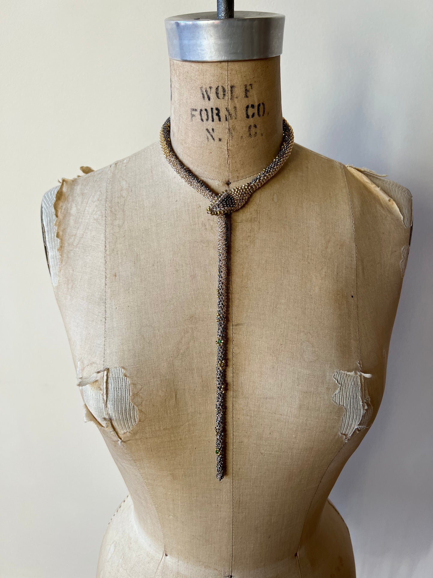 Bead Crochet Snake Necklace | Antique Steel Cut, Torse and Glass Beads