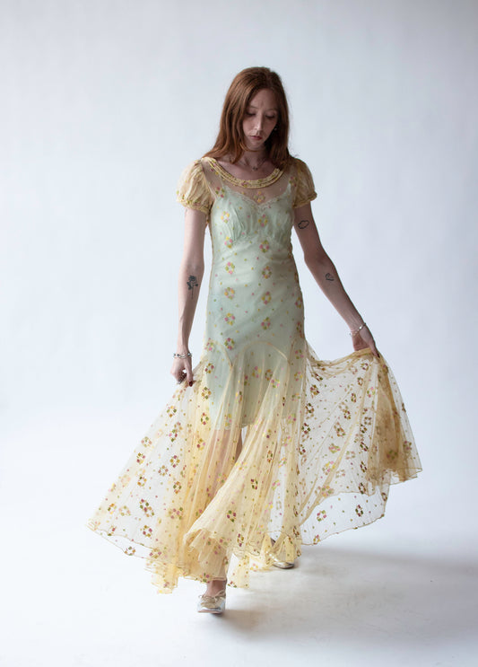 1930s Embroidered Mesh Dress