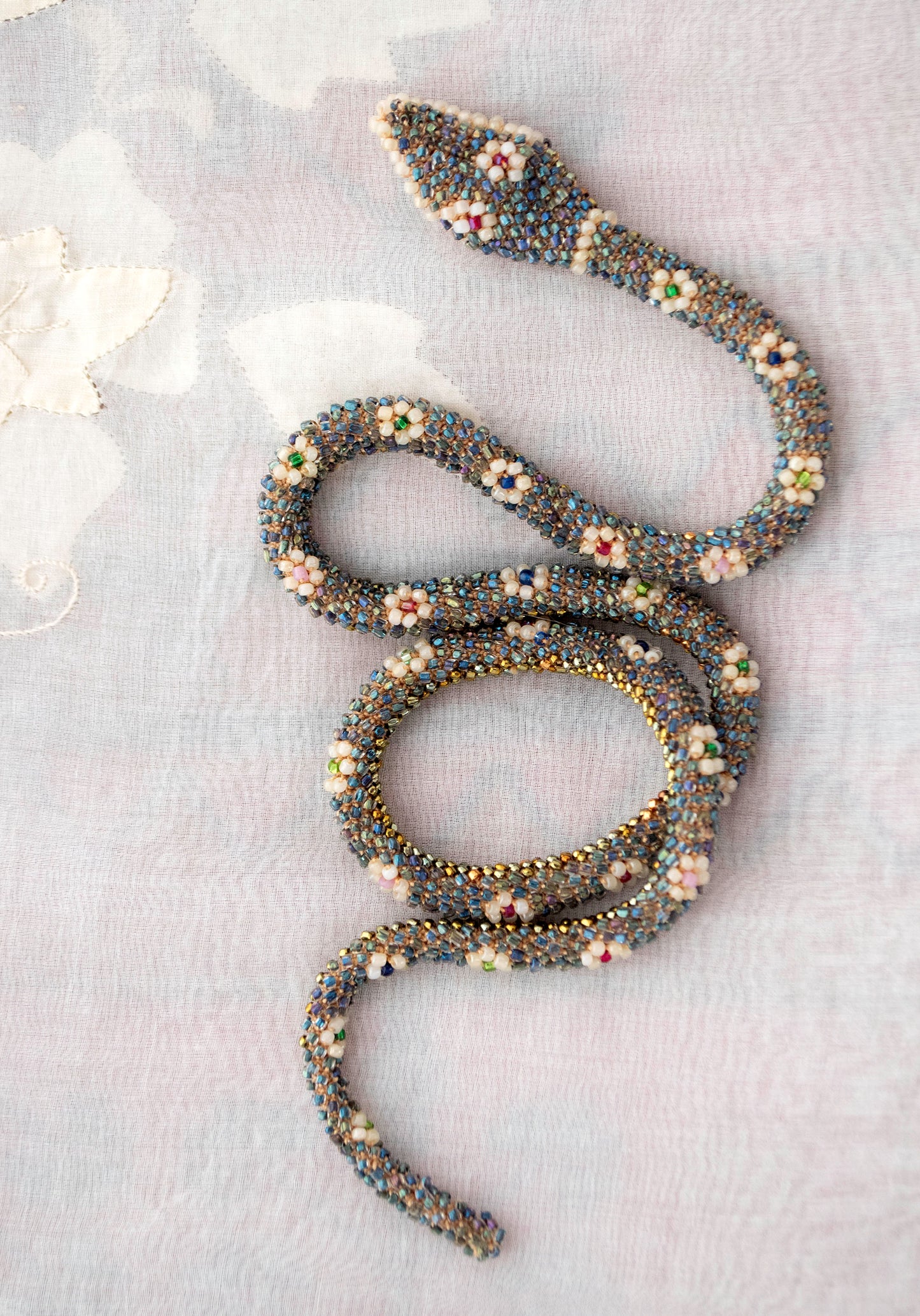 Bead Crochet Snake | Iridescent Blue Flower