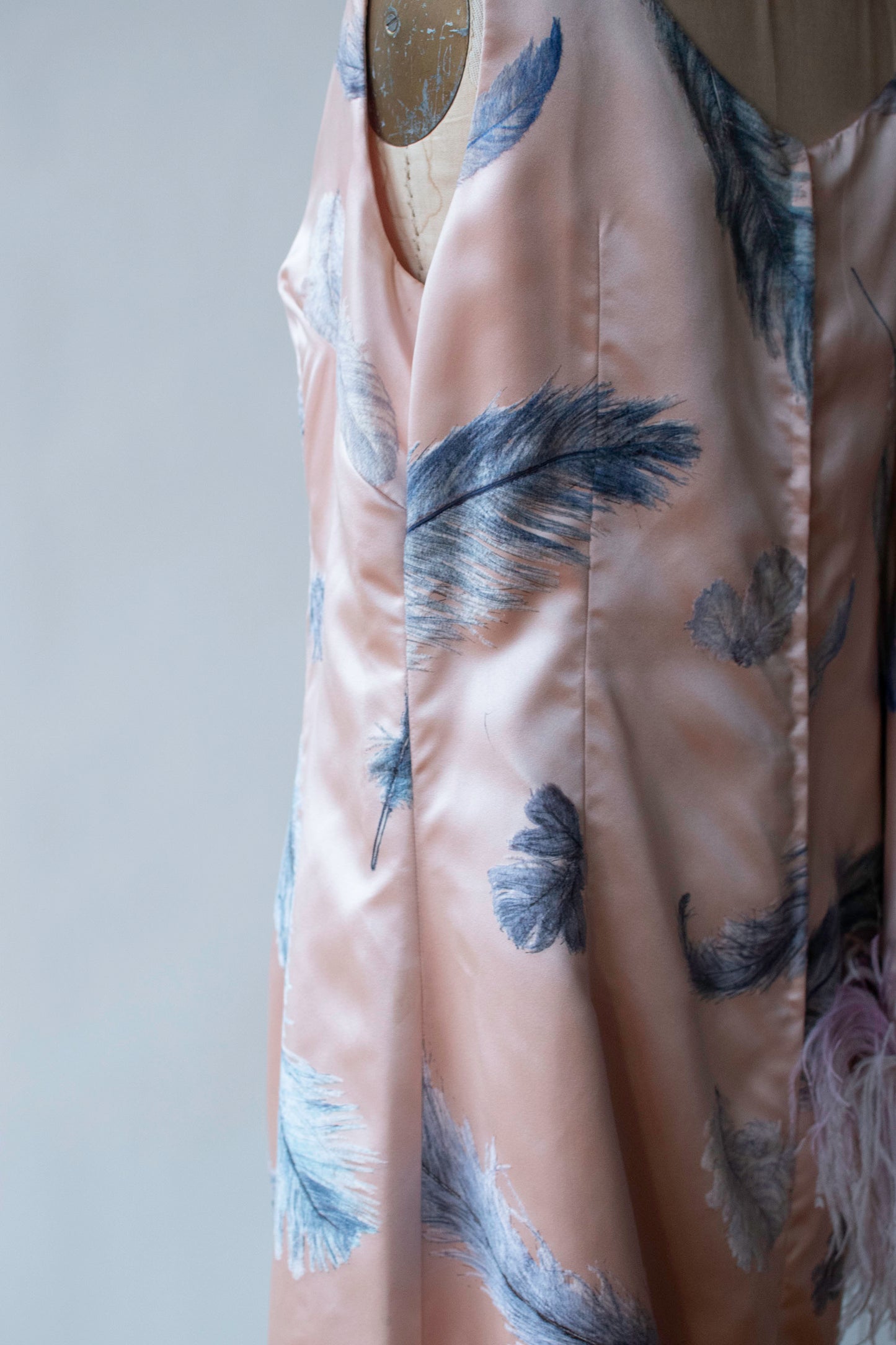 1960s Flocked Feather Gown w/ Feather Trim