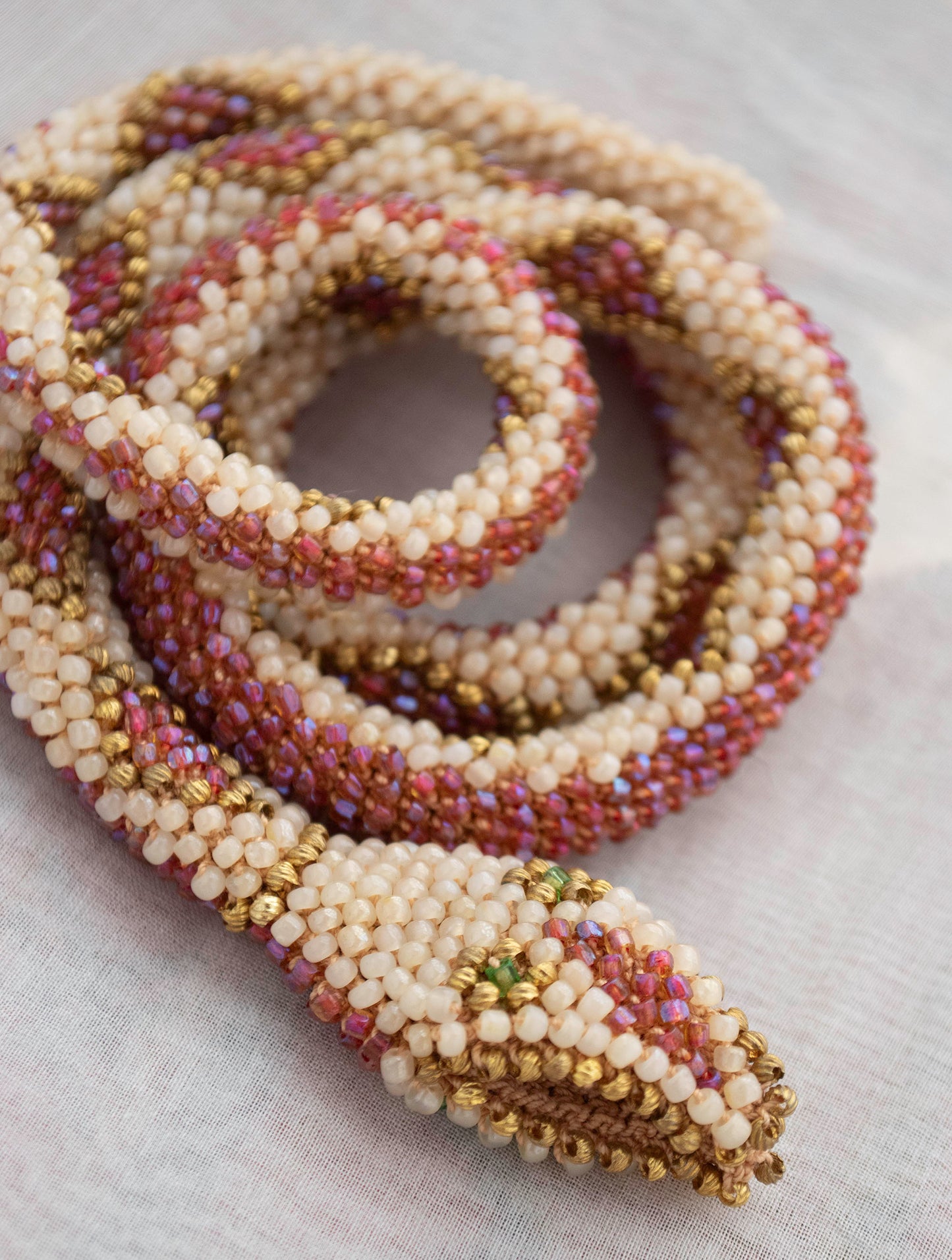 Bead Crochet Snake | Pearl and Iridescent Rose Diamond