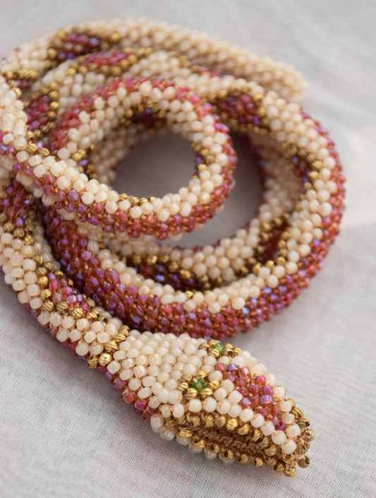 Bead Crochet Snake | Pearl and Iridescent Rose Diamond