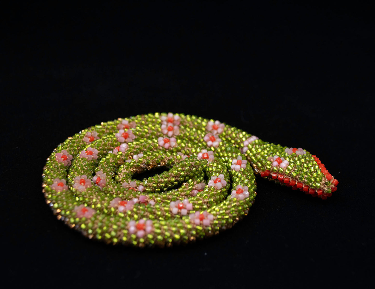 Bead Crochet Snake | Green & Pink & Orange Flower