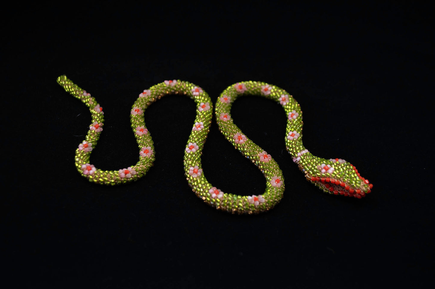 Bead Crochet Snake | Green & Pink & Orange Flower