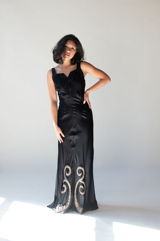 1930s Black Satin Gown with Trapunto applique