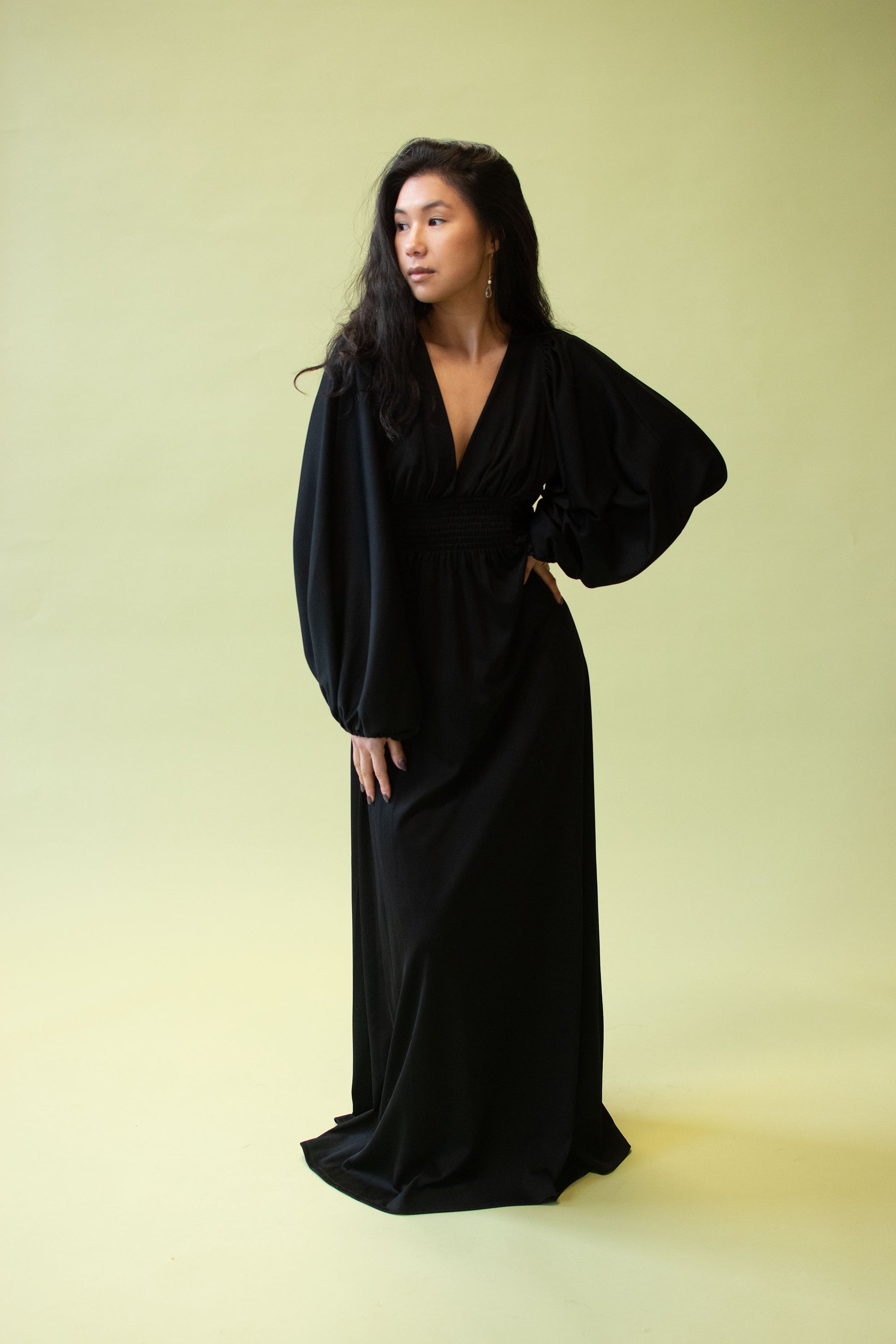 ossie clark black dress 1970s Ossie Clark Black Moss Crepe Wrap Maxi Dress Open Back, Keyhole