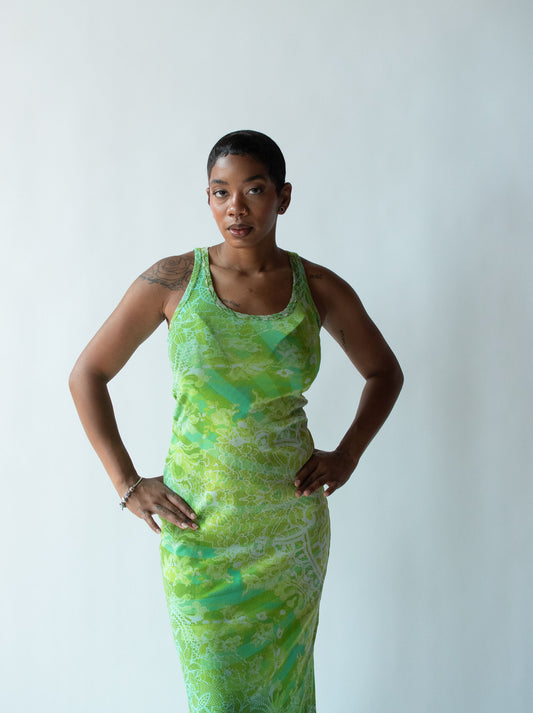 Green Lace Print Mesh Dress | Fuzzi