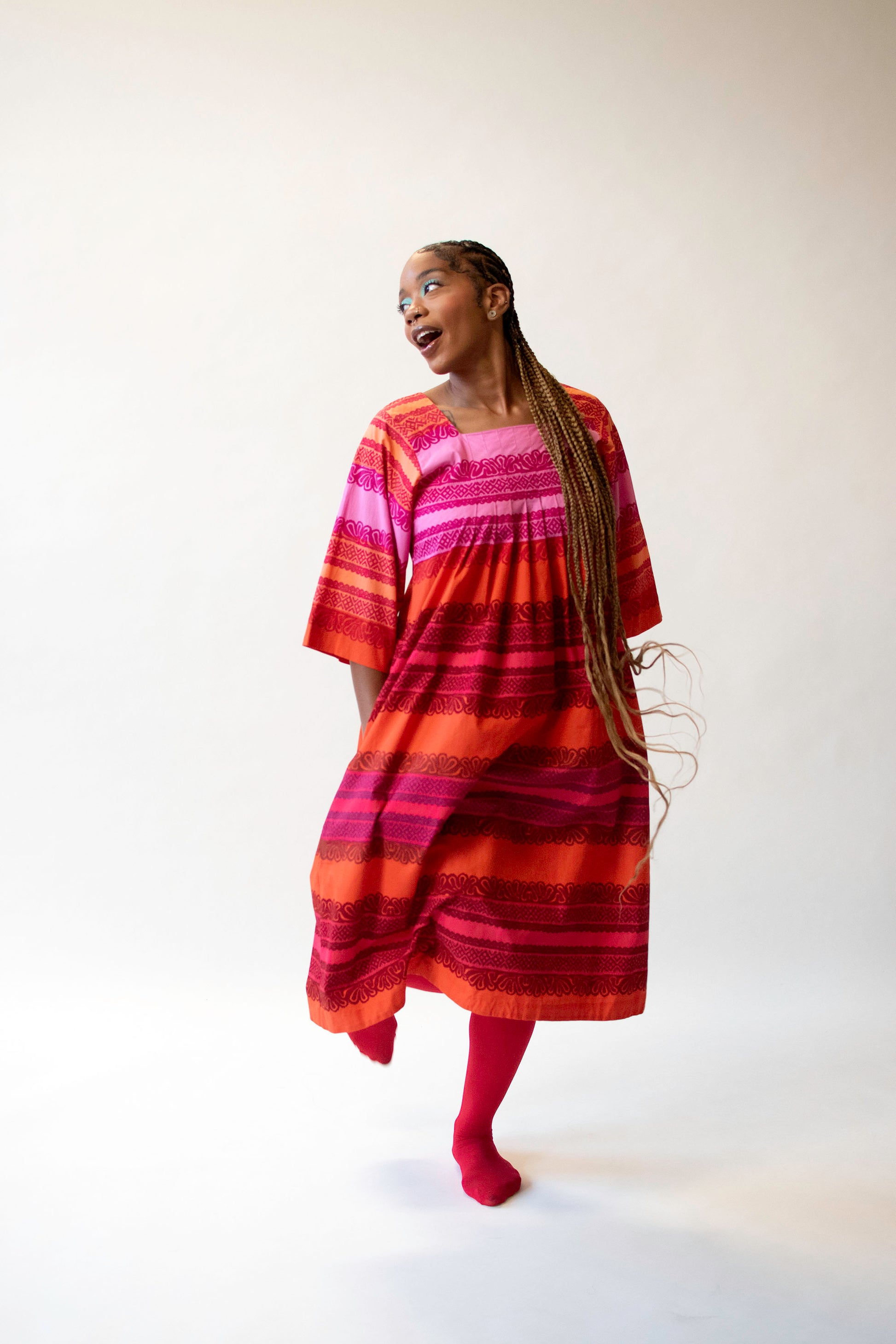 vintage marimekko dress / One-Piece ring belt 1970s Swirl Pink Dress |
