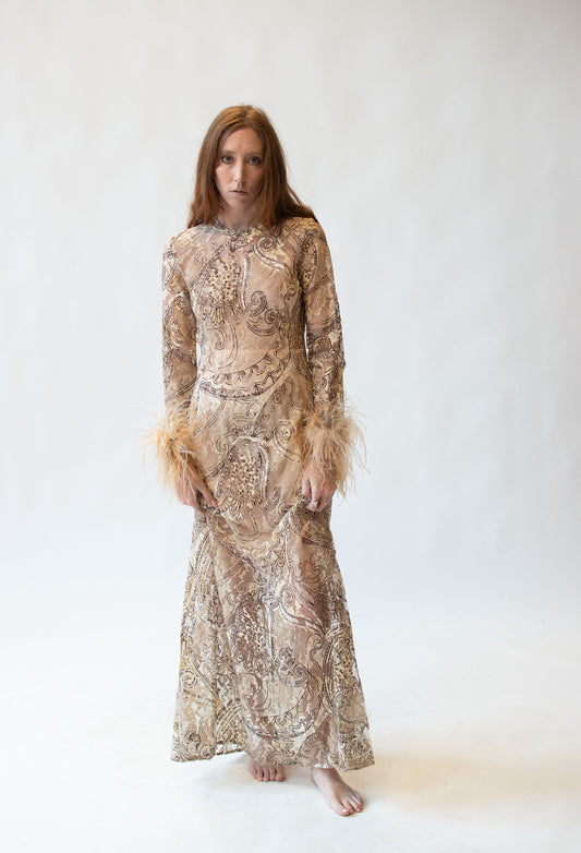 1970s Lace Dress w/ Feather Trim