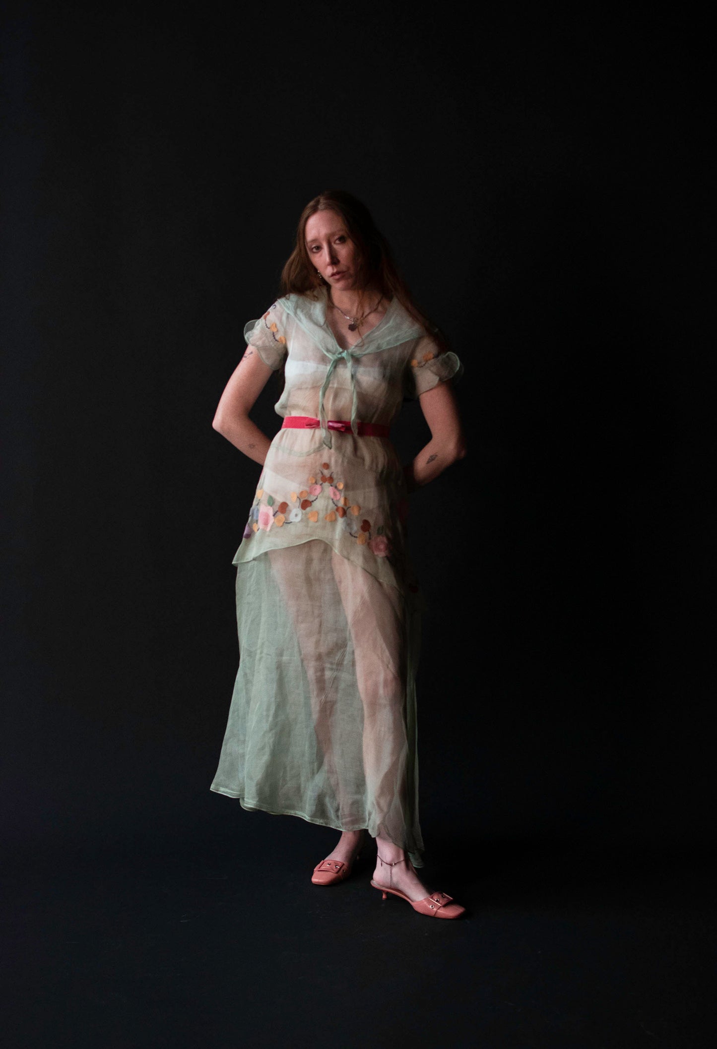 1930s Mint Organza Dress w/ Applique