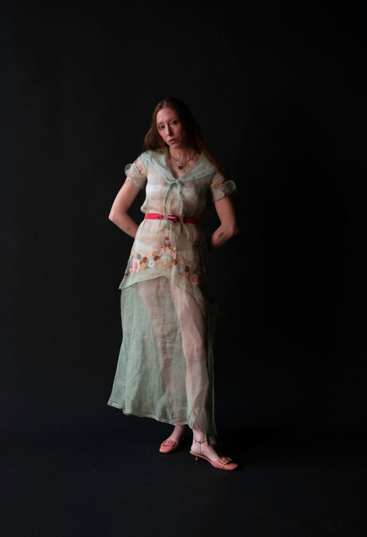 1930s Mint Organza Dress w/ Applique