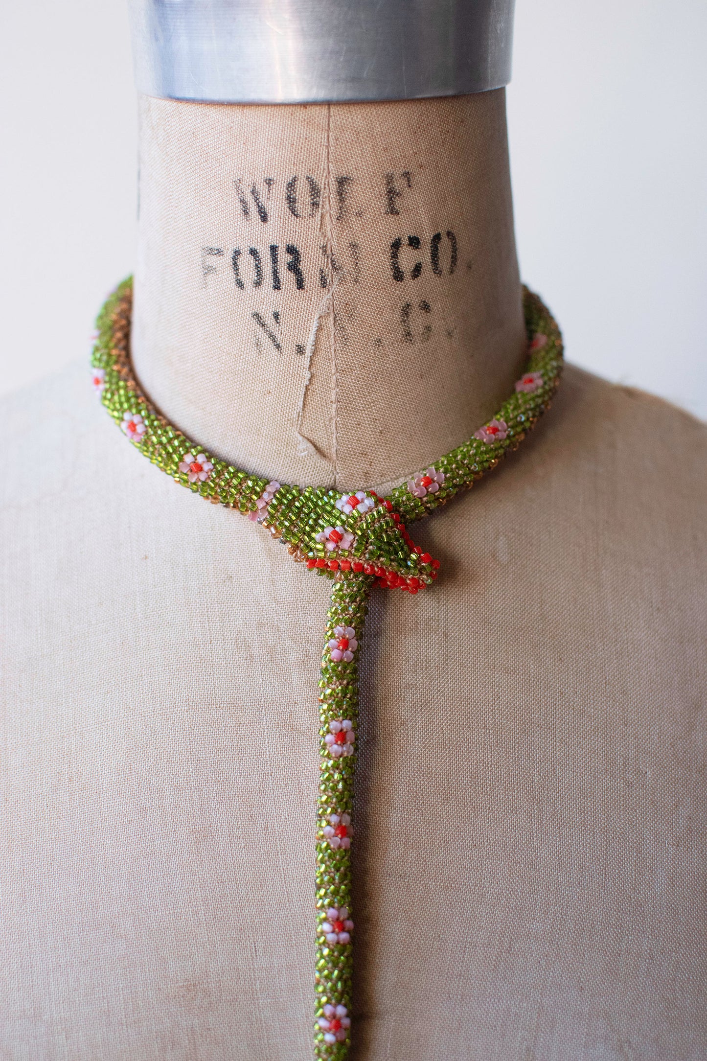 Bead Crochet Snake | Green & Pink & Orange Flower