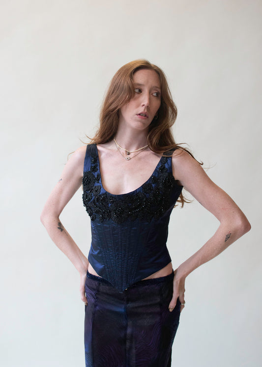 Blue Silk Corset Top With Beading | Eavis & Brown