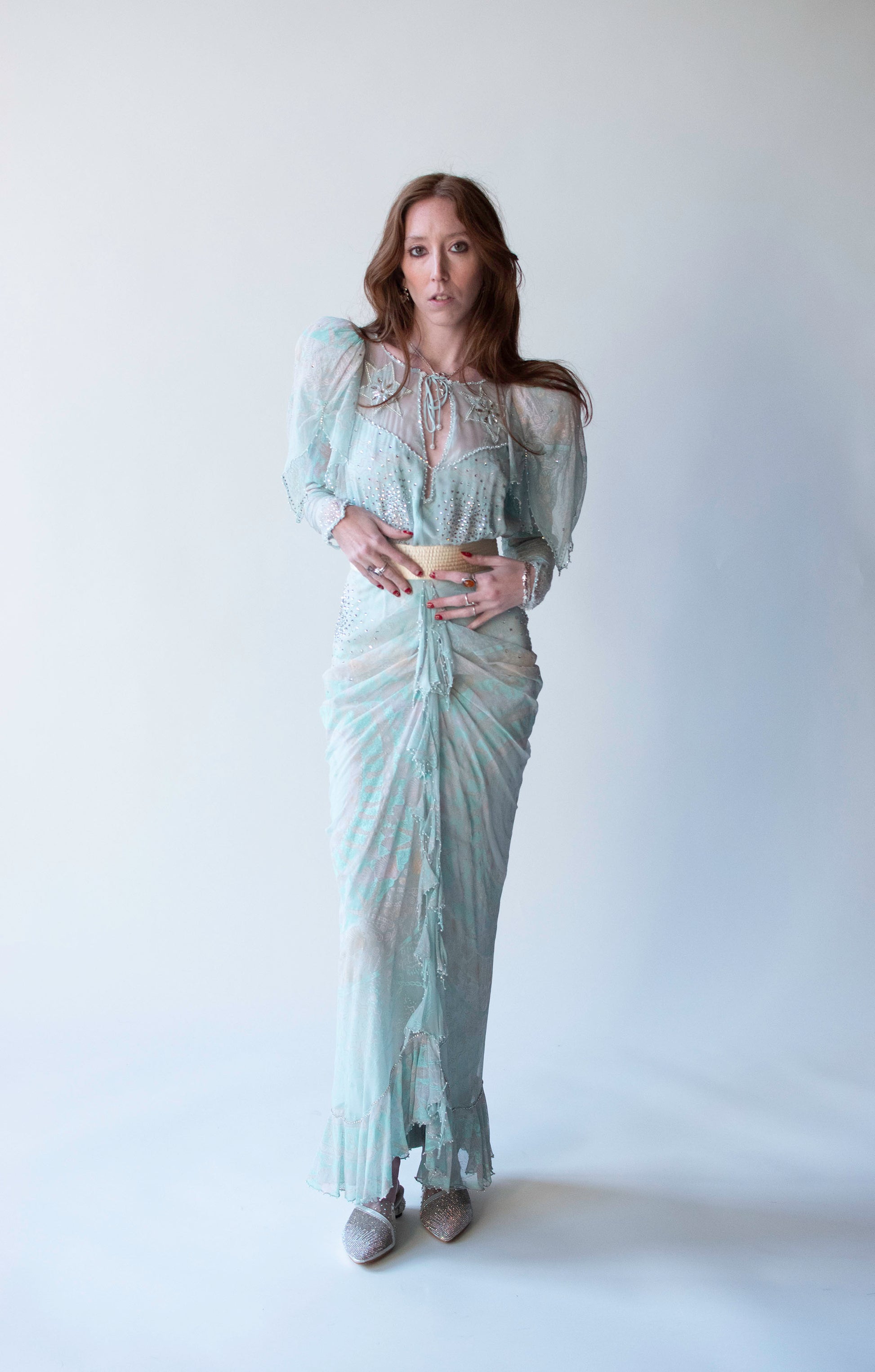 Seafoam Chiffon Dress | attributed to Zandra Rhodes Female Hysteria Vintage Seafoam Chiffon Dress | attributed to Zandra Rhodes Female Hysteria Vintage
