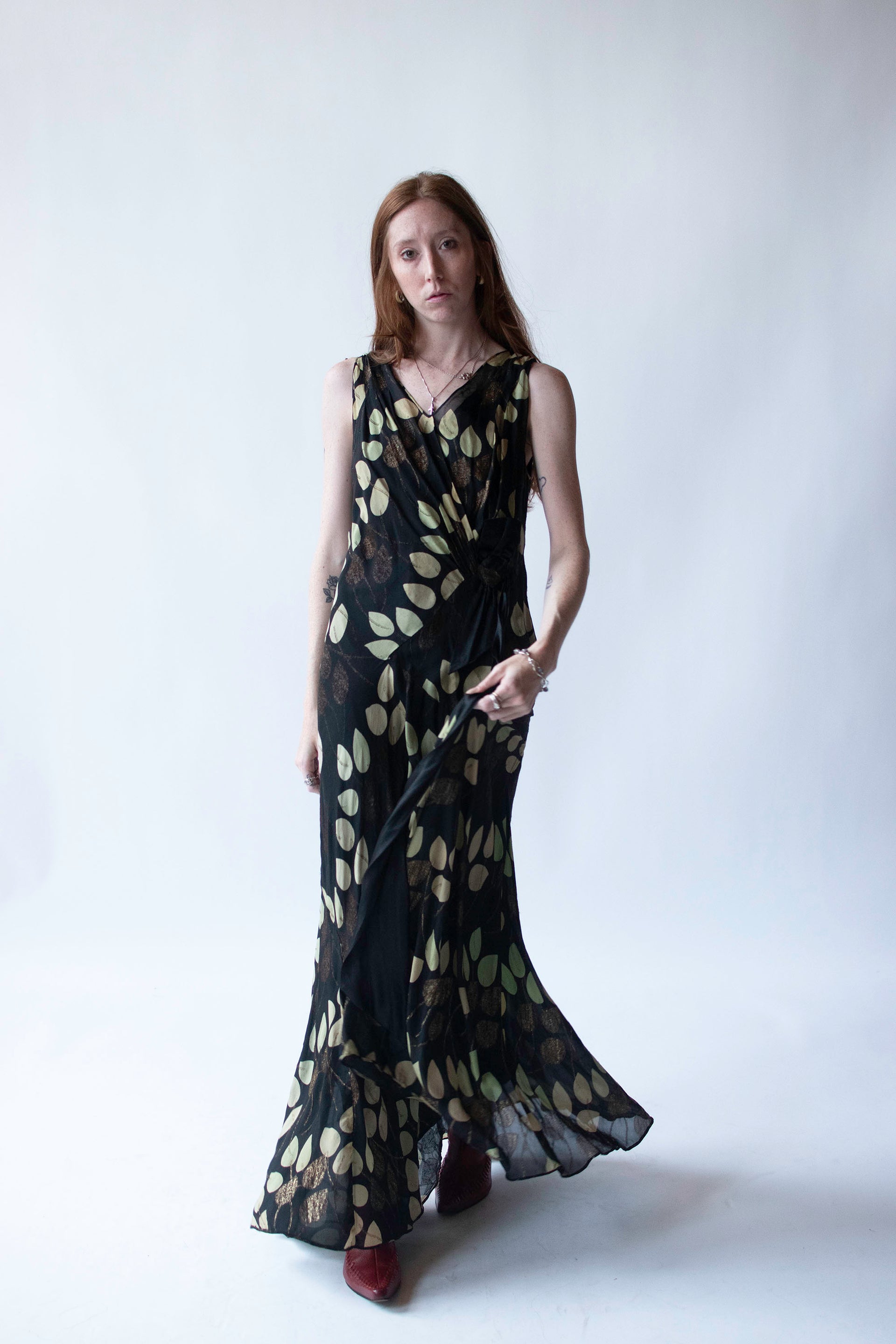 1930s Leaf Print Chiffon Dress