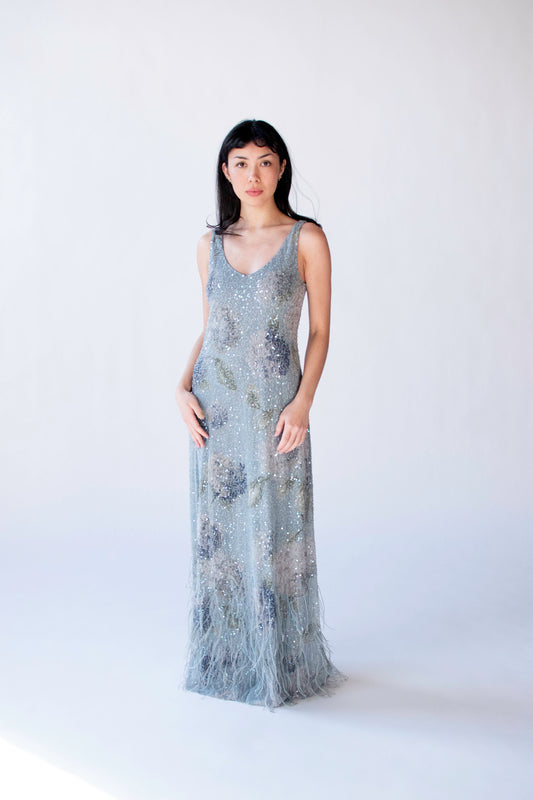 Pale Blue Feather Trim Dress | Rickie Freeman for T.J. Nights