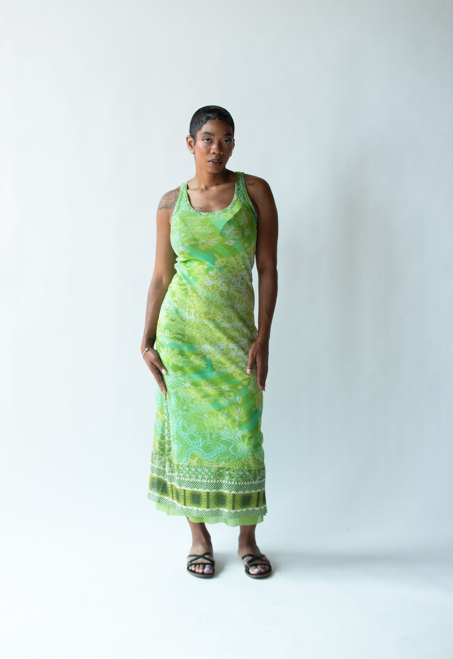 Green Lace Print Mesh Dress | Fuzzi