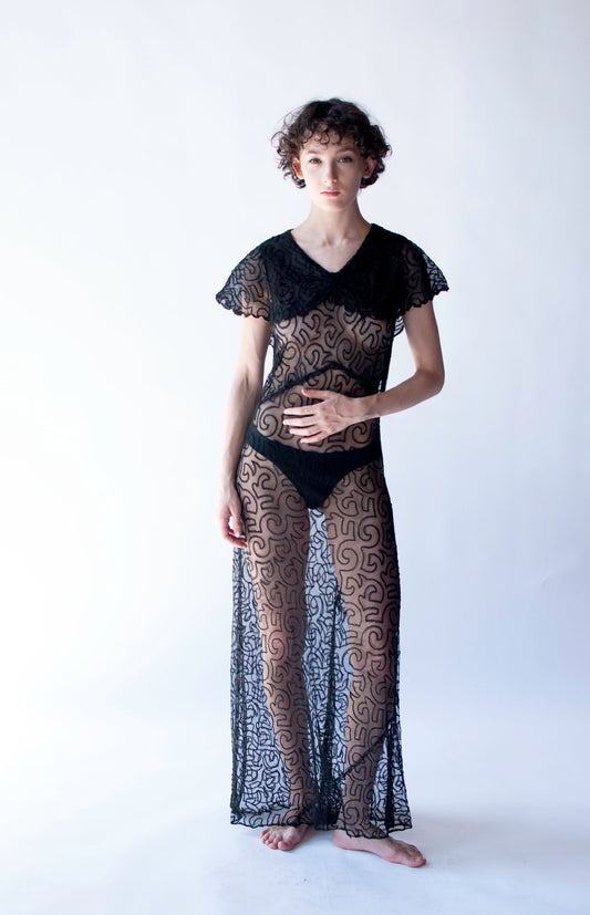 1930s Embroidered Net  Dress