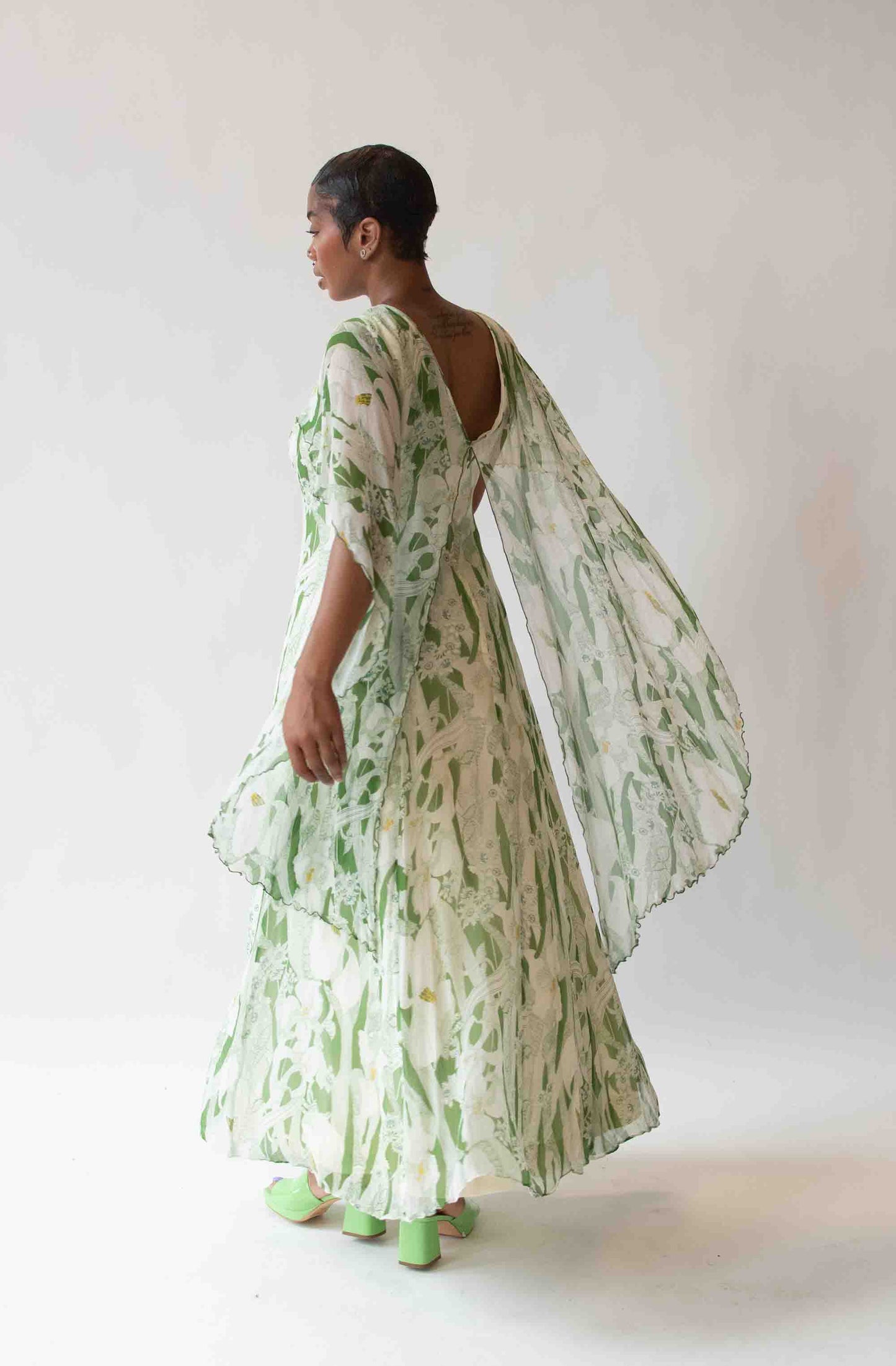 1970s Chiffon Lilly Print Dress