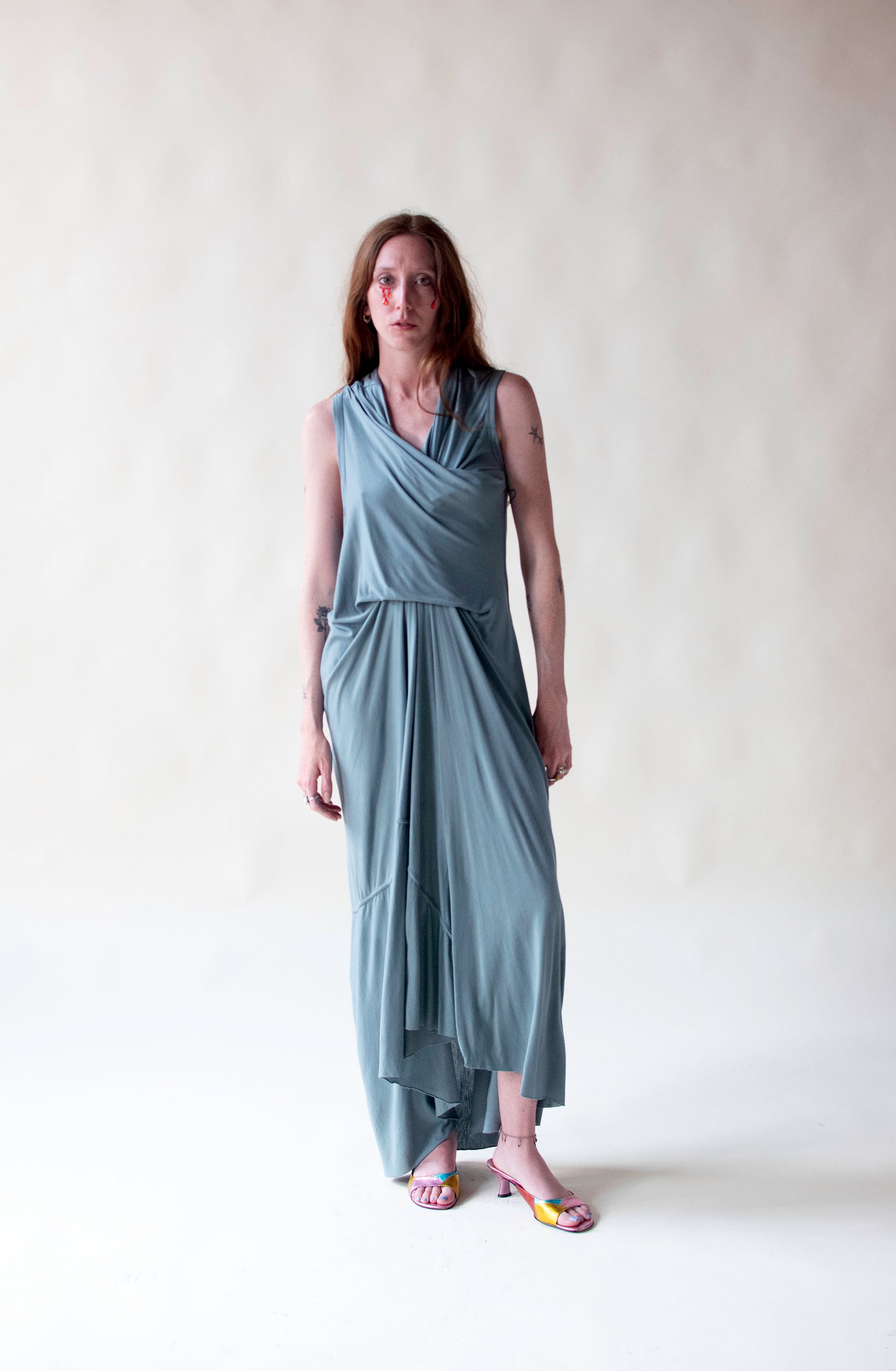 rick owens dress Steel Blue Jersey racerback design features a Romantic Bell Sleeve Boho Lining_DY1-3F Size:60 (6'3