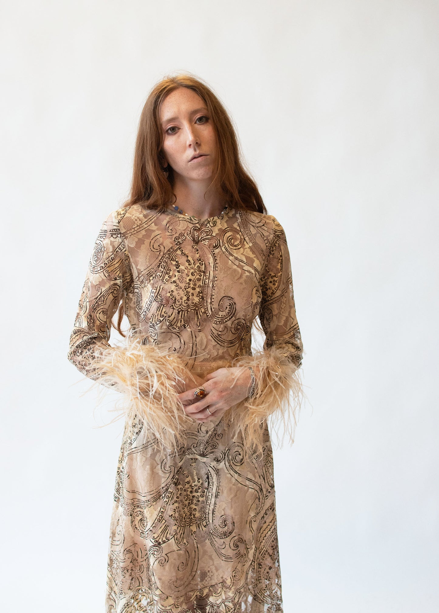 1970s Lace Dress w/ Feather Trim