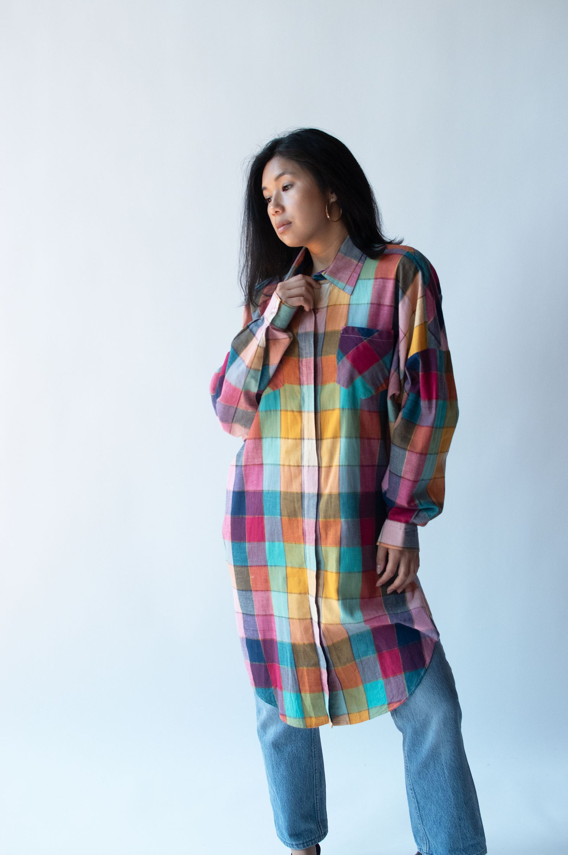 madras shirt dress 1970s Indian Cotton Madras Shirt Dress Wayward Collection