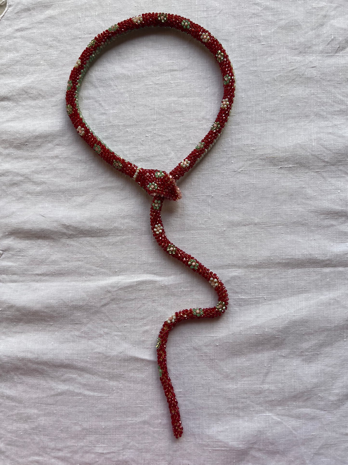 Bead Crochet Snake | Ruby w/ Mint Flowers