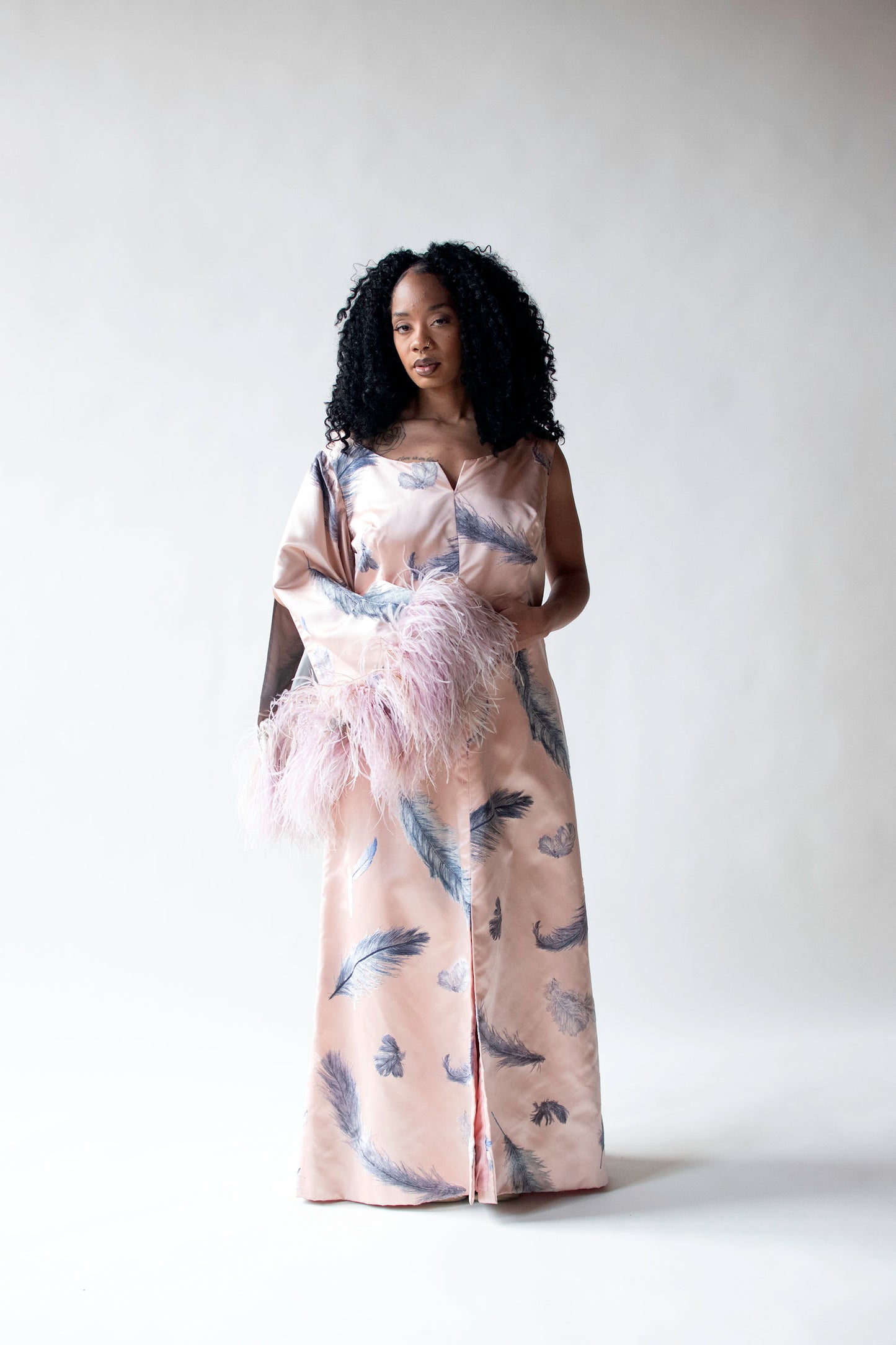 1960s Flocked Feather Gown w/ Feather Trim