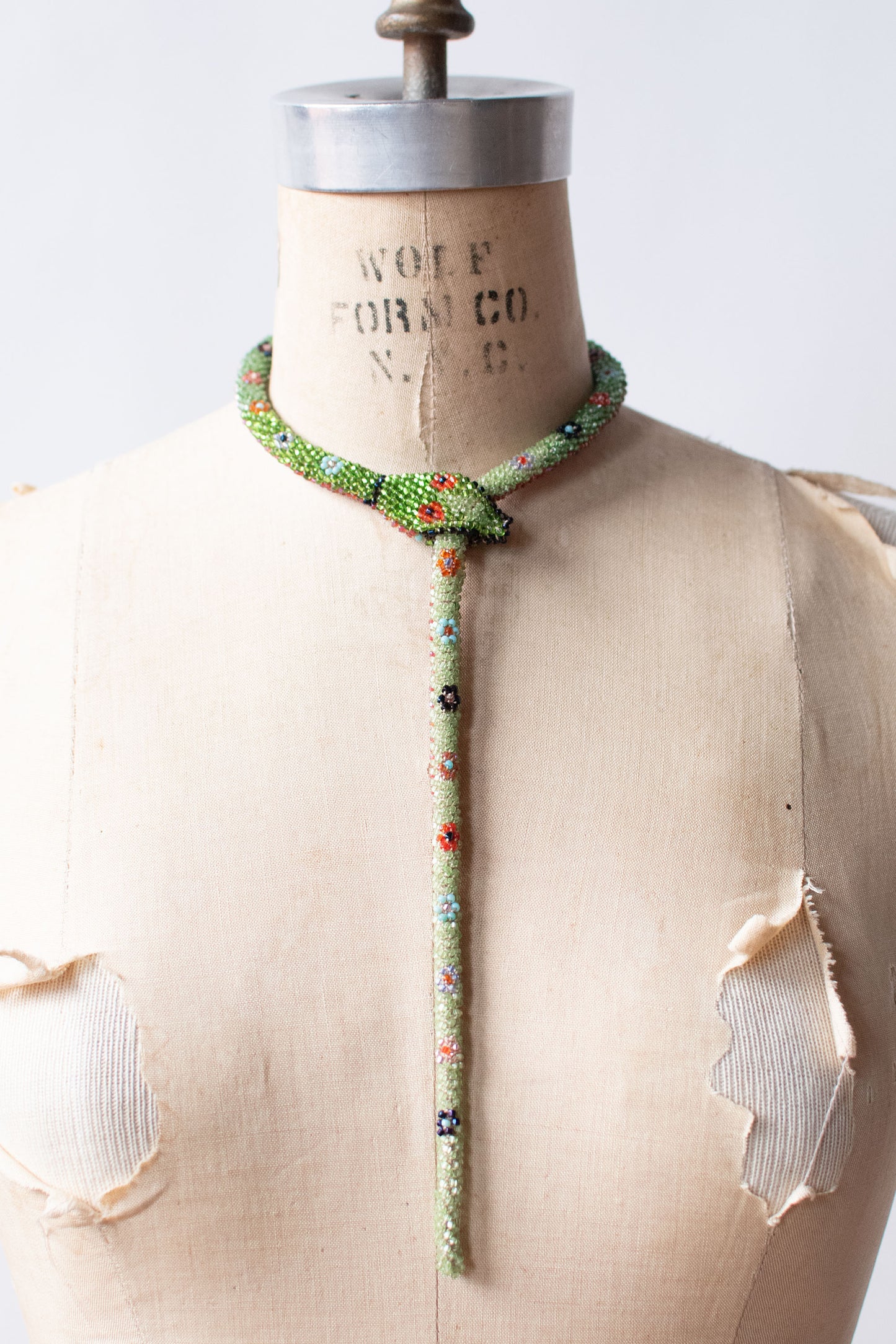Bead Crochet Snake | Green W/ Multi Color Flowers